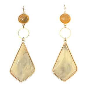 Pierced Earrings Dangling Marble Like & Yellow / Peach  Stones Goldtone Vintage